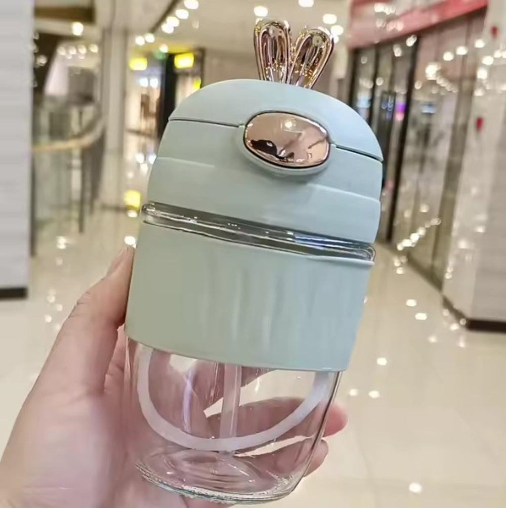 CuddleNest Adorable Rabbit Double Drinking Cup – Glass Mug with Straw & Lid | Portable & Leakproof
