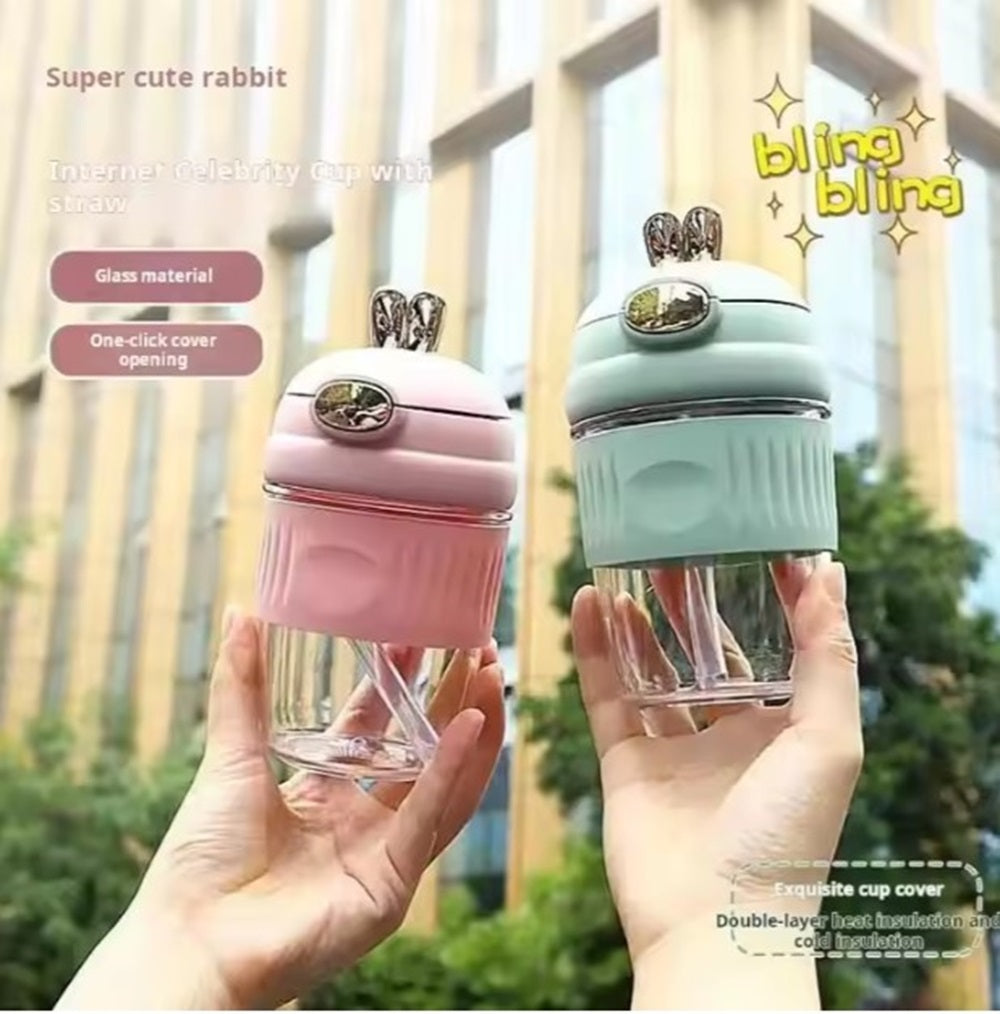 CuddleNest Adorable Rabbit Double Drinking Cup – Glass Mug with Straw & Lid | Portable & Leakproof