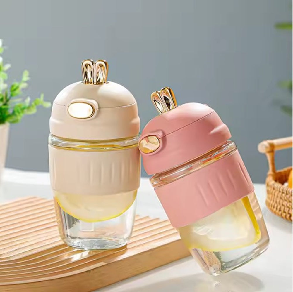 CuddleNest Adorable Rabbit Double Drinking Cup – Glass Mug with Straw & Lid | Portable & Leakproof