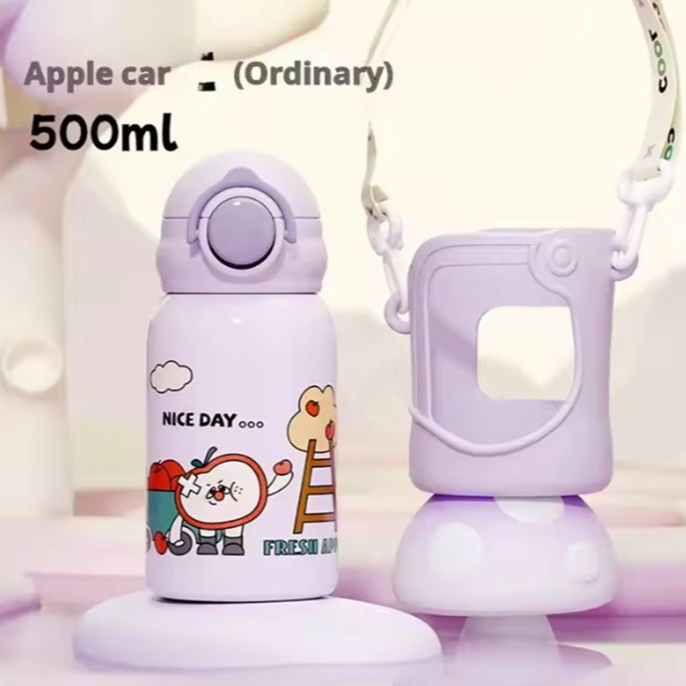 CuddleNest Stainless Steel Kids Water Bottle – 500ml | Double Wall, Straw Lid, Cartoon Print