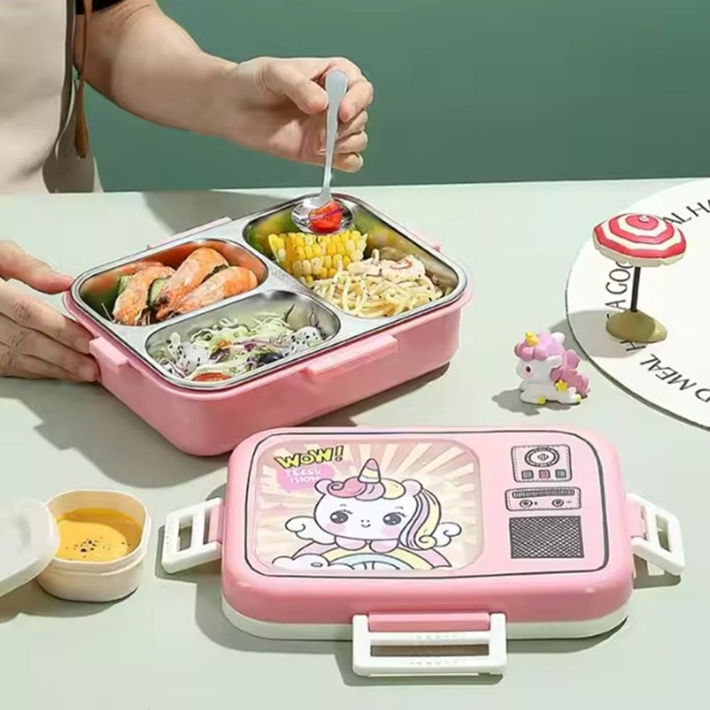 CuddleNest Pink Unicorn Bento Lunch Box for Kids – Airtight, Leakproof, Includes Spoon & Sauce Container