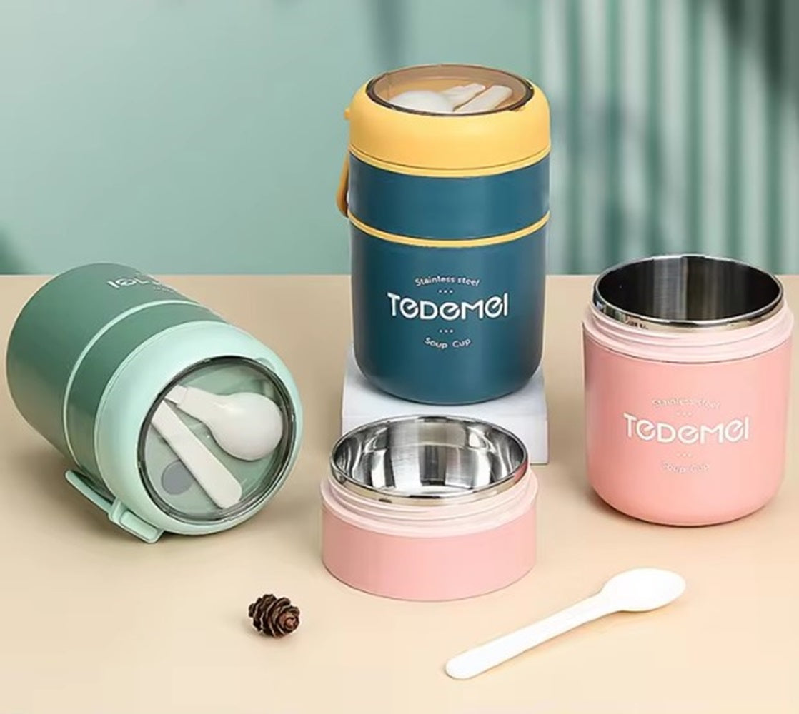 CuddleNest Insulated Stainless Steel Soup Cup Lunch Box | Leakproof 2 Compartment Food Jar with Spoon