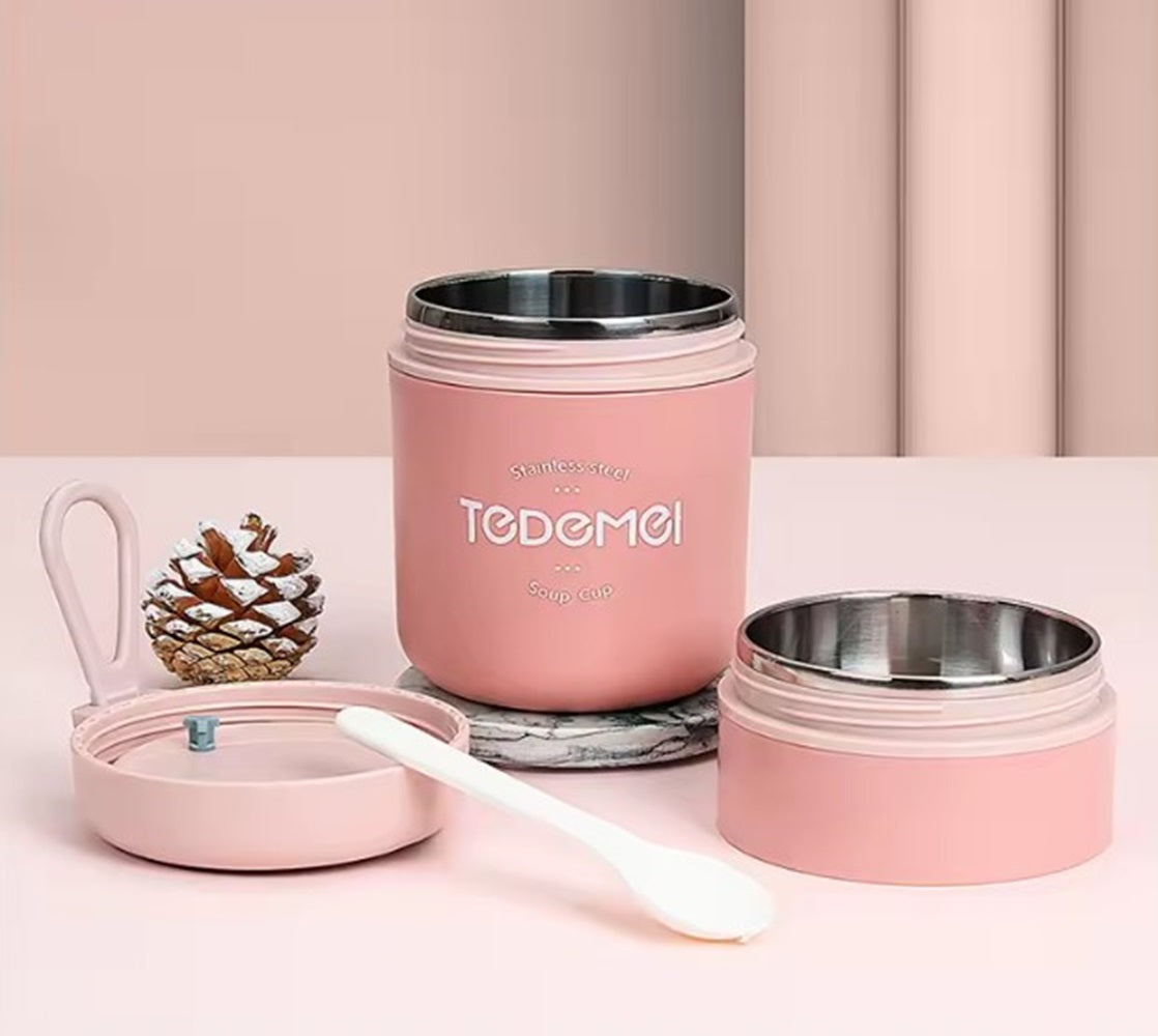 CuddleNest Insulated Stainless Steel Soup Cup Lunch Box | Leakproof 2 Compartment Food Jar with Spoon