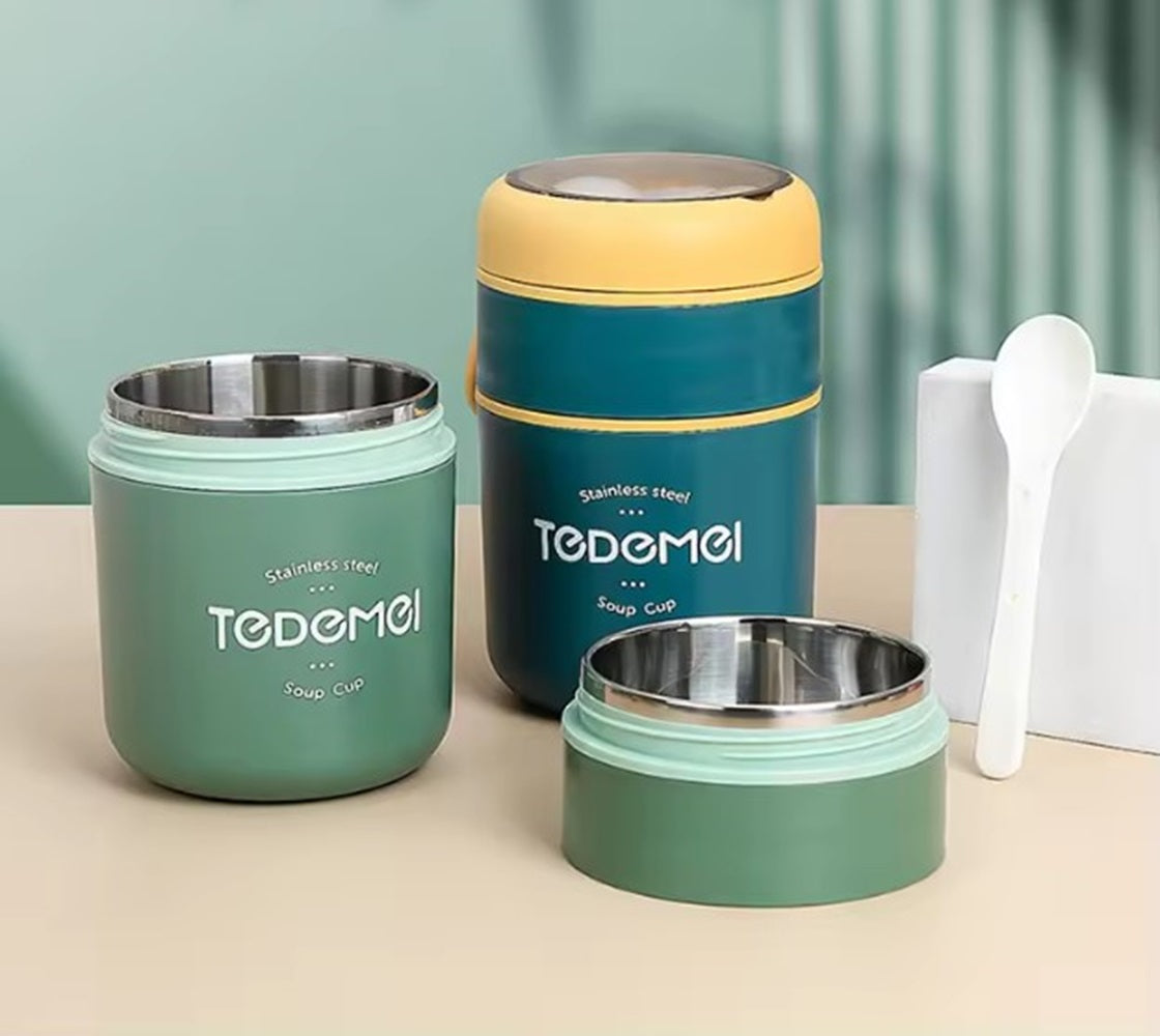 CuddleNest Insulated Stainless Steel Soup Cup Lunch Box | Leakproof 2 Compartment Food Jar with Spoon