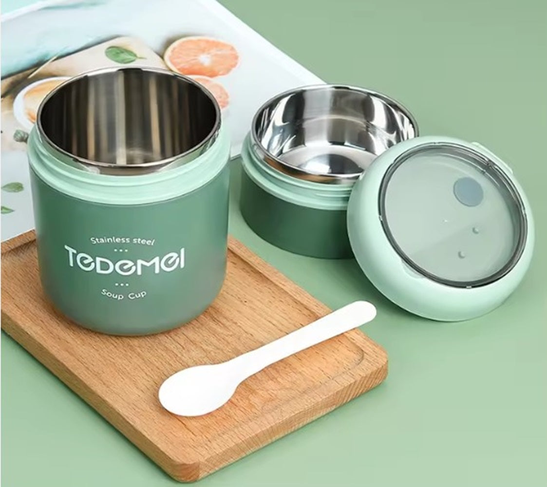 CuddleNest Insulated Stainless Steel Soup Cup Lunch Box | Leakproof 2 Compartment Food Jar with Spoon