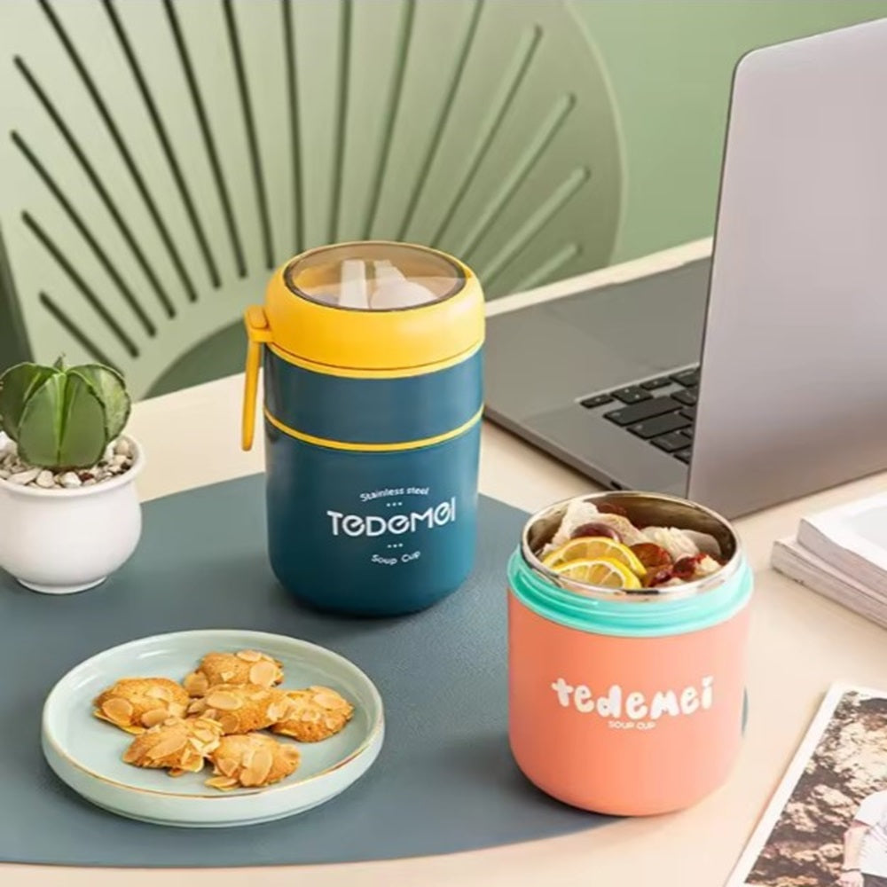 CuddleNest Insulated Stainless Steel Soup Cup Lunch Box | Leakproof 2 Compartment Food Jar with Spoon