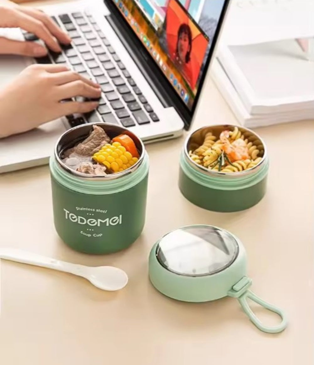 CuddleNest Insulated Stainless Steel Soup Cup Lunch Box | Leakproof 2 Compartment Food Jar with Spoon