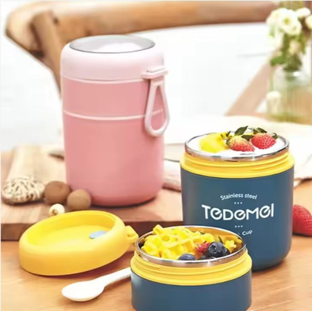 CuddleNest Insulated Stainless Steel Soup Cup Lunch Box | Leakproof 2 Compartment Food Jar with Spoon