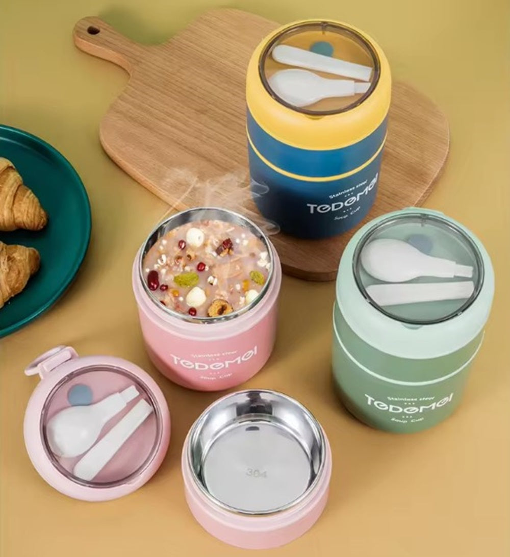CuddleNest Insulated Stainless Steel Soup Cup Lunch Box | Leakproof 2 Compartment Food Jar with Spoon