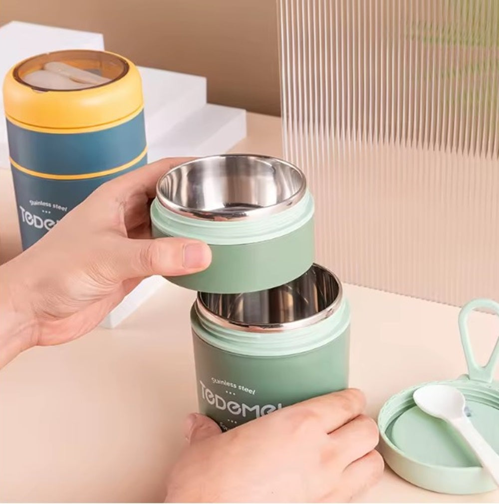 CuddleNest Insulated Stainless Steel Soup Cup Lunch Box | Leakproof 2 Compartment Food Jar with Spoon