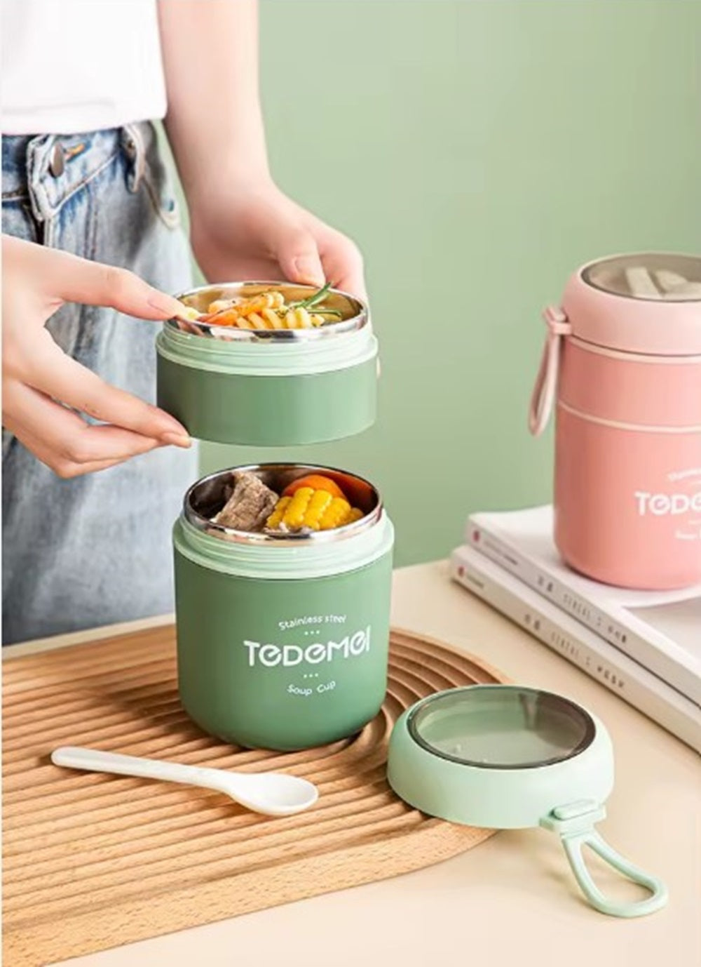 CuddleNest Insulated Stainless Steel Soup Cup Lunch Box | Leakproof 2 Compartment Food Jar with Spoon