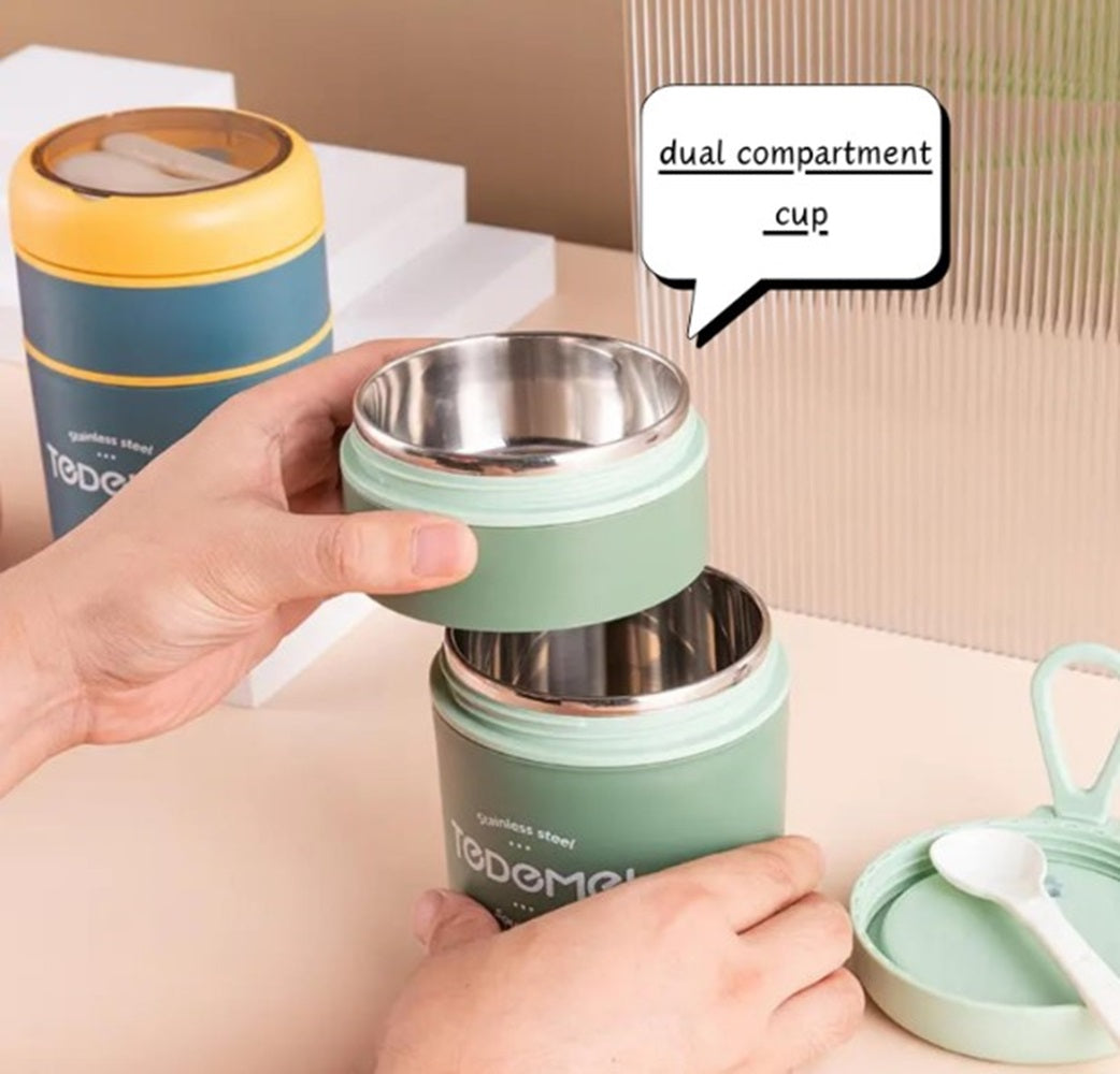 CuddleNest Insulated Stainless Steel Soup Cup Lunch Box | Leakproof 2 Compartment Food Jar with Spoon
