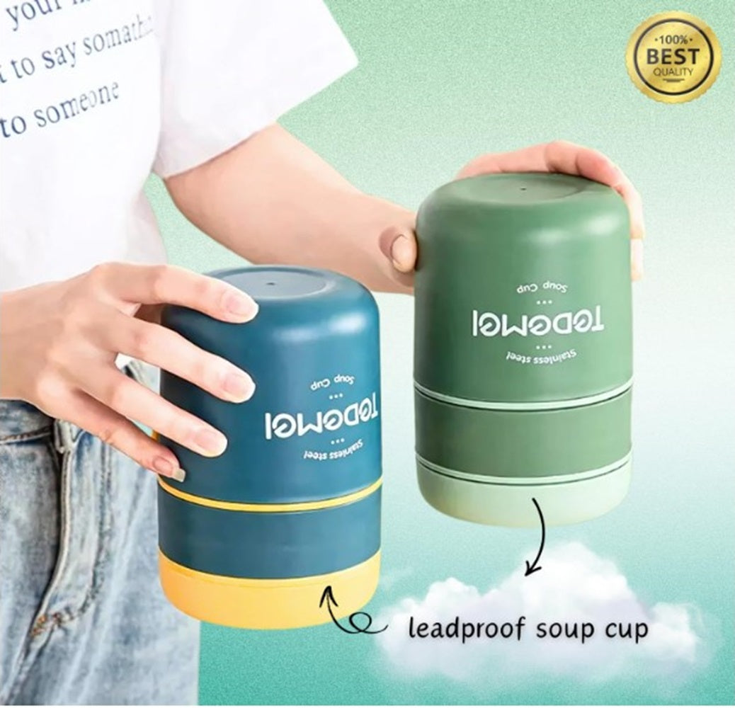 CuddleNest Insulated Stainless Steel Soup Cup Lunch Box | Leakproof 2 Compartment Food Jar with Spoon