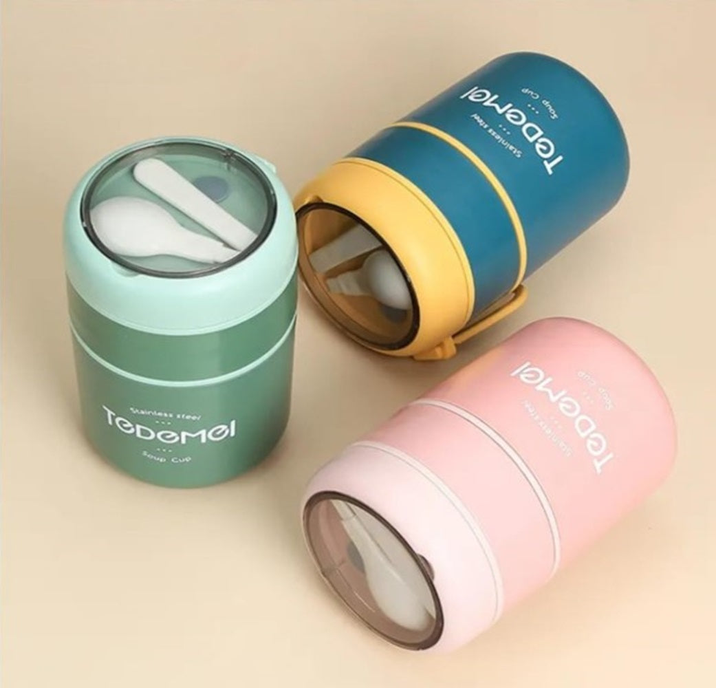 CuddleNest Insulated Stainless Steel Soup Cup Lunch Box | Leakproof 2 Compartment Food Jar with Spoon