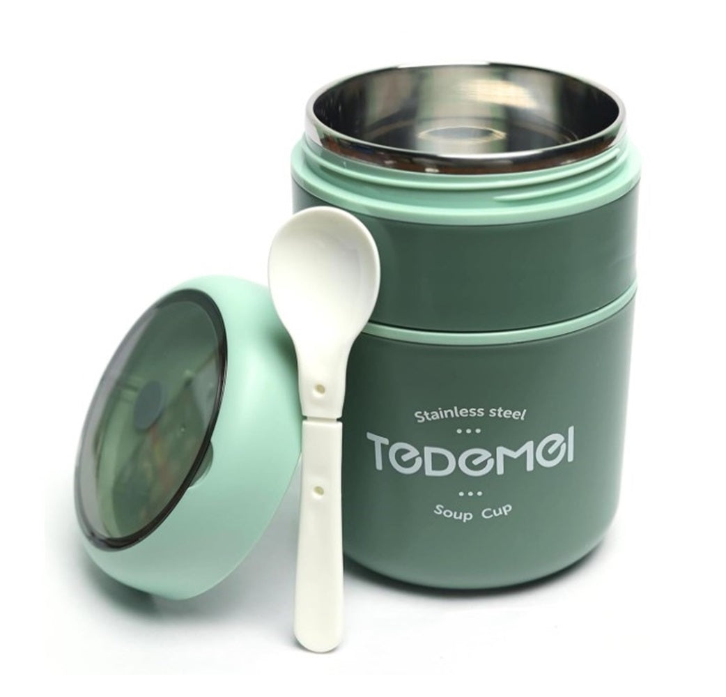 CuddleNest Insulated Stainless Steel Soup Cup Lunch Box | Leakproof 2 Compartment Food Jar with Spoon