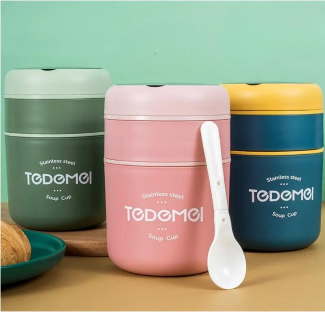 CuddleNest Insulated Stainless Steel Soup Cup Lunch Box | Leakproof 2 Compartment Food Jar with Spoon