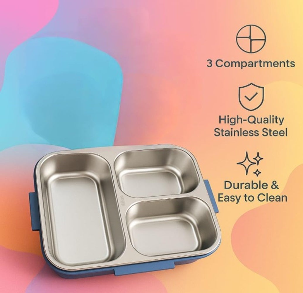 CuddleNest Steel Lunch Box | 3 Compartment Bento Style Tiffin with Spoon & Chopsticks