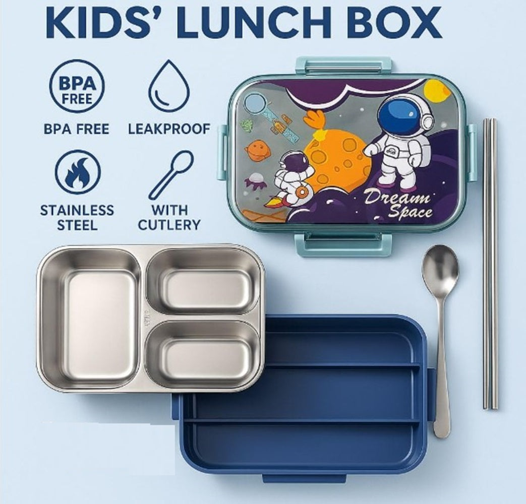CuddleNest Steel Lunch Box 750 ml | 3 Compartment Bento Style Tiffin with Spoon & Chopsticks