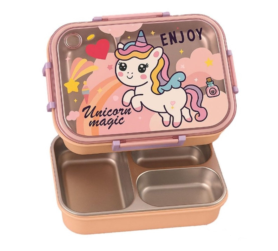 CuddleNest Steel Lunch Box | 3 Compartment Bento Style Tiffin with Spoon & Chopsticks