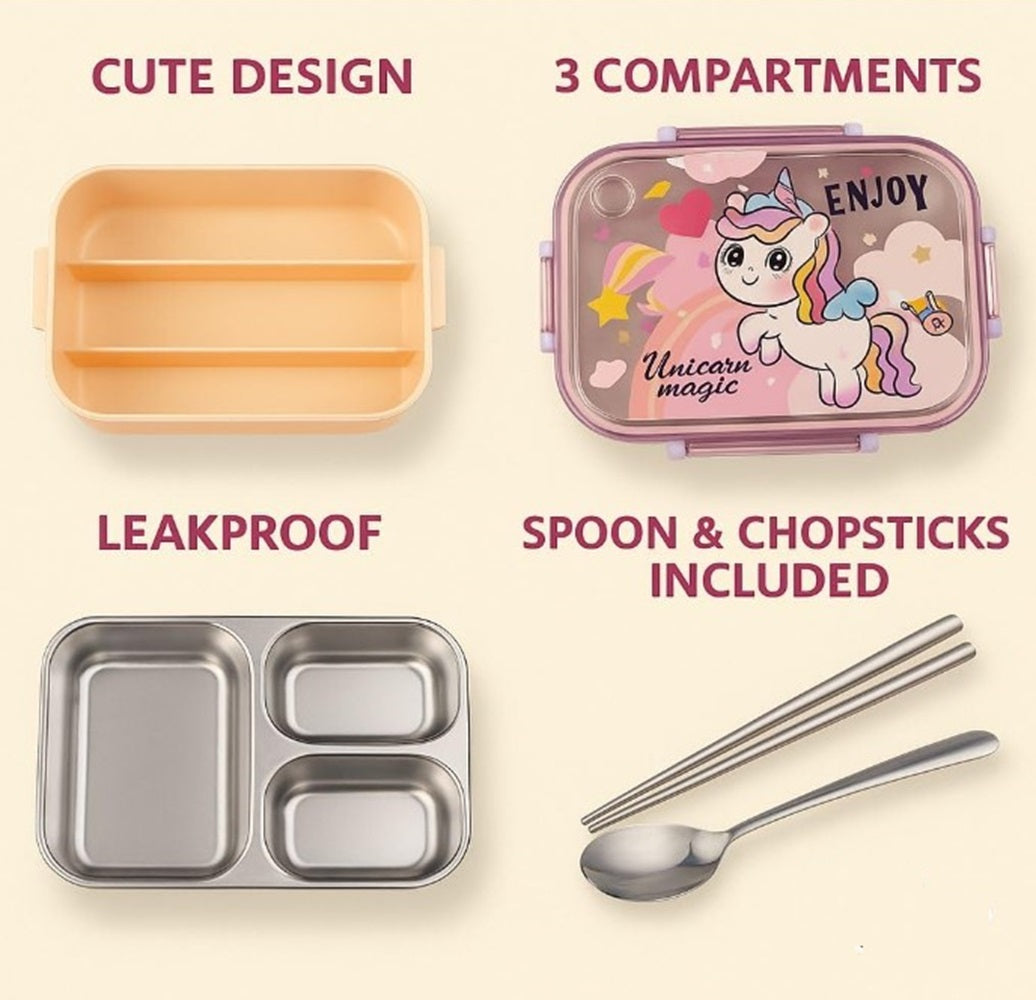 CuddleNest Steel Lunch Box | 3 Compartment Bento Style Tiffin with Spoon & Chopsticks