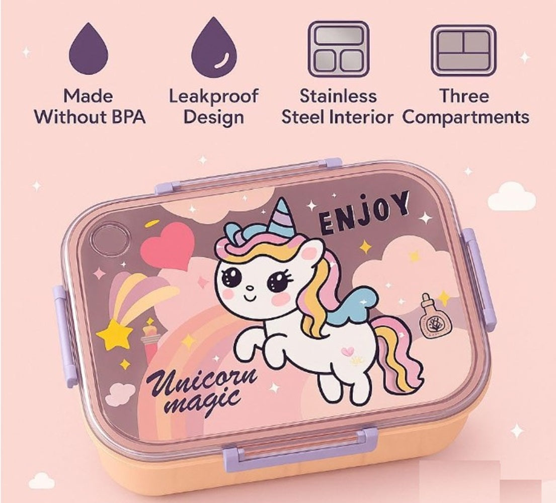 CuddleNest Steel Lunch Box | 3 Compartment Bento Style Tiffin with Spoon & Chopsticks
