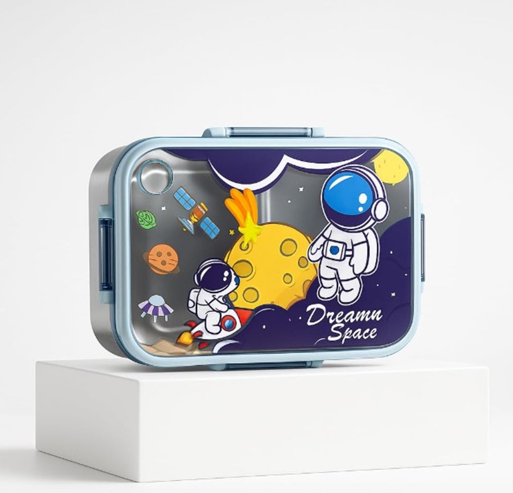 CuddleNest Steel Lunch Box 750 ml | 3 Compartment Bento Style Tiffin with Spoon & Chopsticks