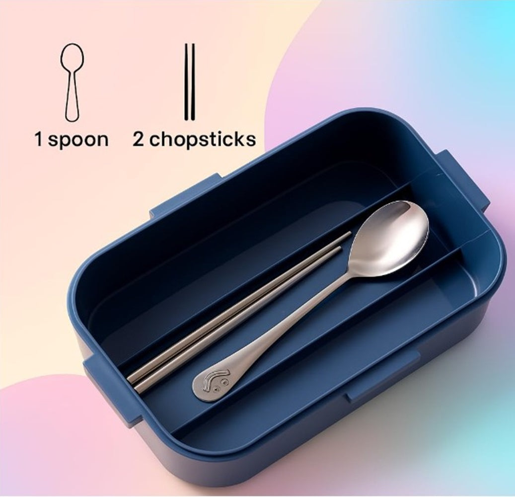 CuddleNest Steel Lunch Box 750 ml | 3 Compartment Bento Style Tiffin with Spoon & Chopsticks