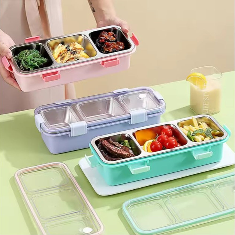 CuddleNest Premium 3-Compartment Stainless Steel Snack Box | Leak-Proof & BPA-Free Solid Food Container