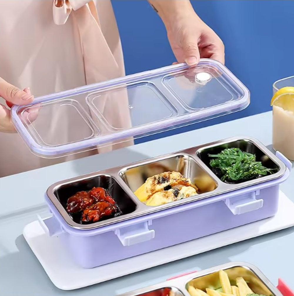 CuddleNest Premium 3-Compartment Stainless Steel Snack Box | Leak-Proof & BPA-Free Solid Food Container