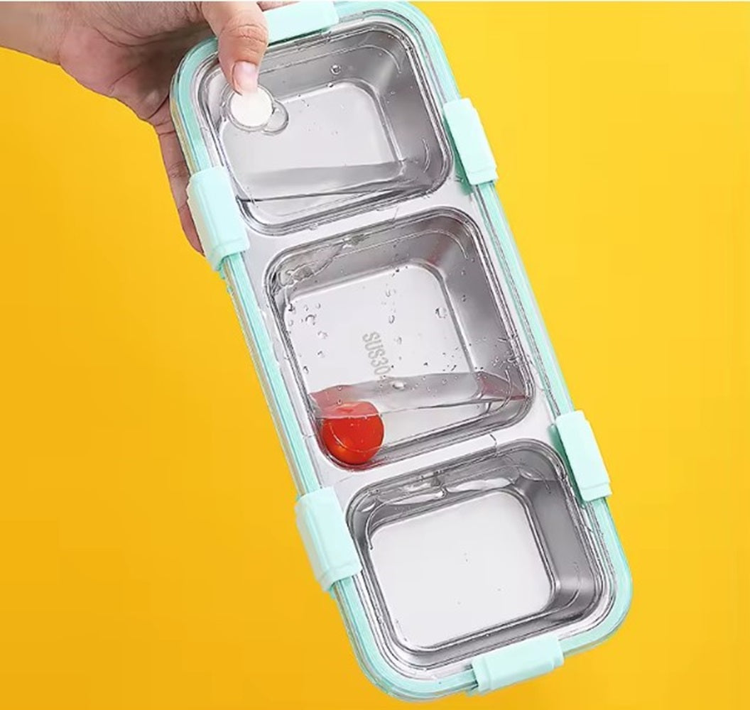 CuddleNest Premium 3-Compartment Stainless Steel Snack Box | Leak-Proof & BPA-Free Solid Food Container