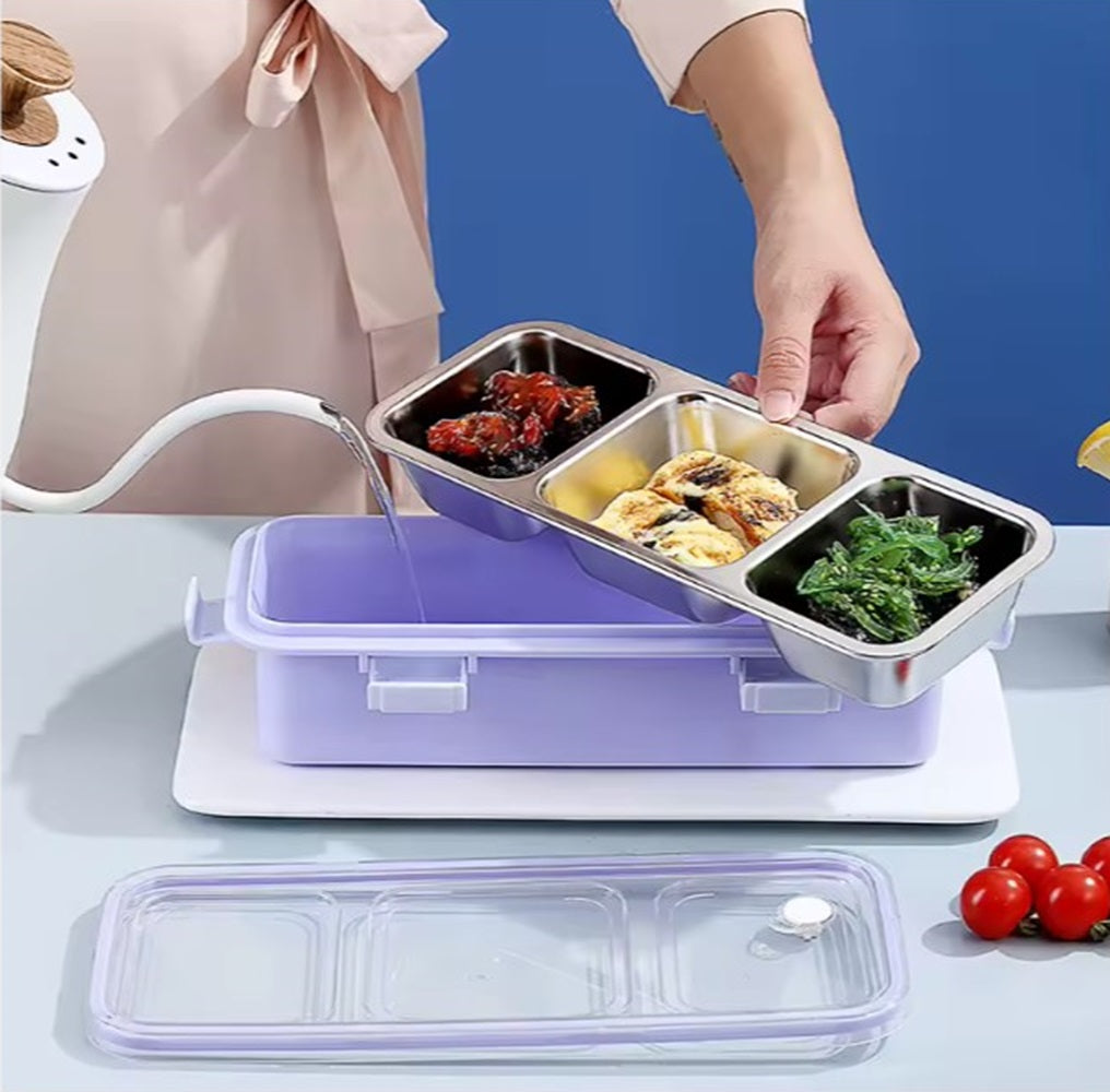 CuddleNest Premium 3-Compartment Stainless Steel Snack Box | Leak-Proof & BPA-Free Solid Food Container