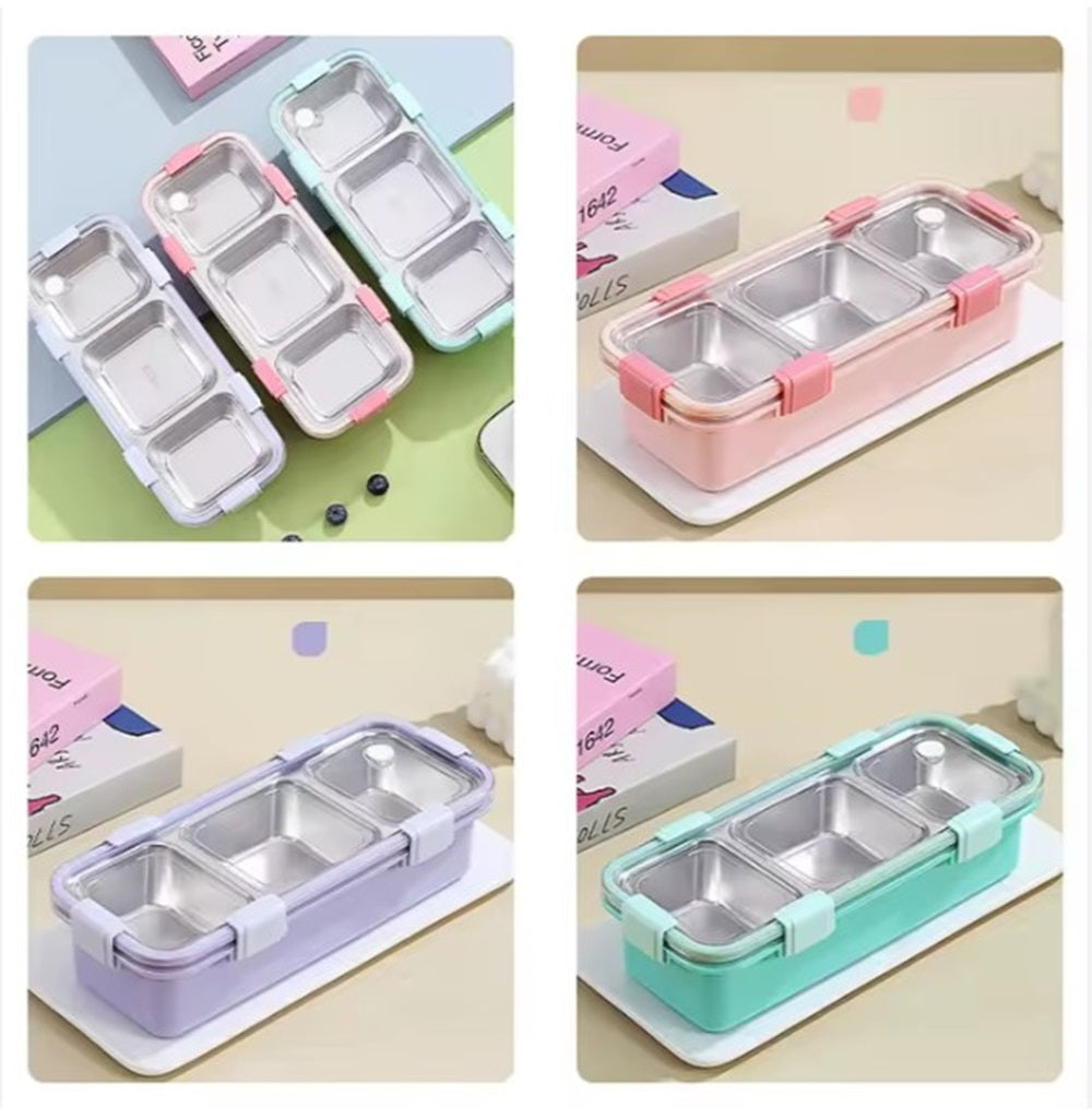CuddleNest Premium 3-Compartment Stainless Steel Snack Box | Leak-Proof & BPA-Free Solid Food Container