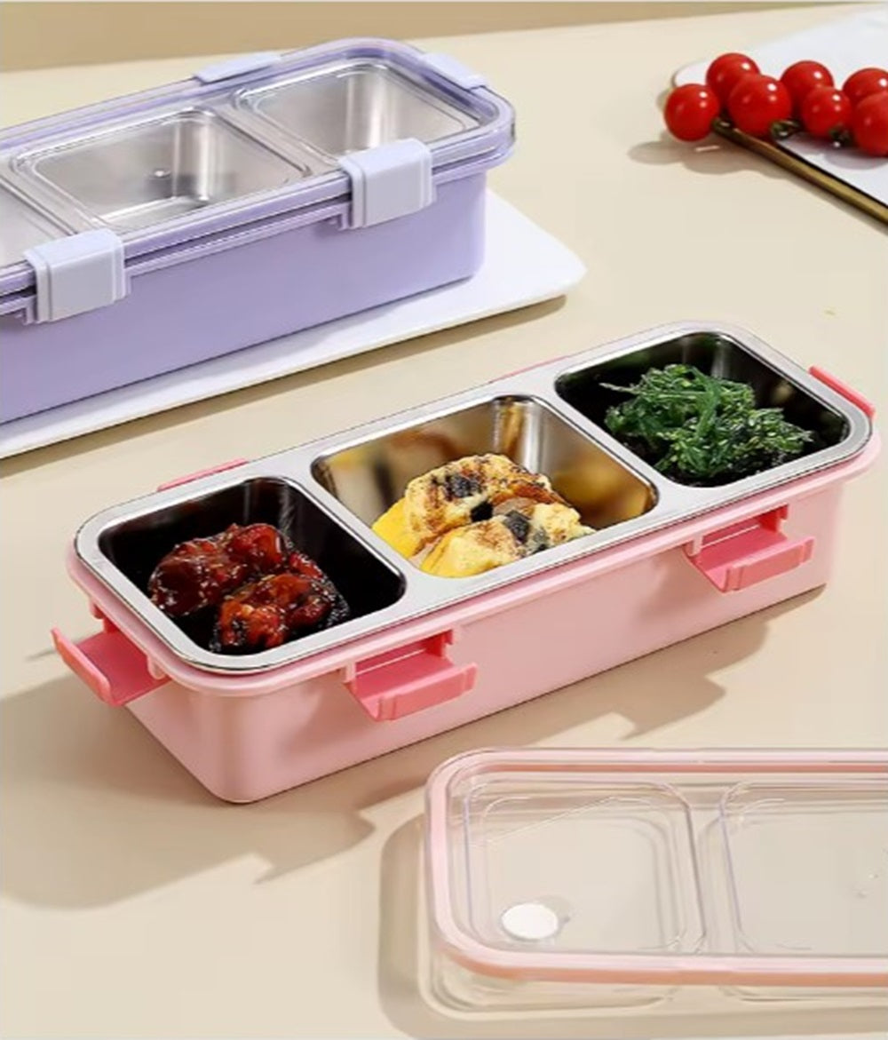 CuddleNest Premium 3-Compartment Stainless Steel Snack Box | Leak-Proof & BPA-Free Solid Food Container