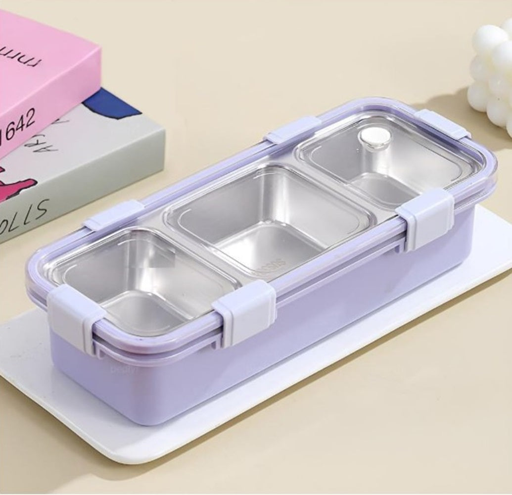 CuddleNest Premium 3-Compartment Stainless Steel Snack Box | Leak-Proof & BPA-Free Solid Food Container