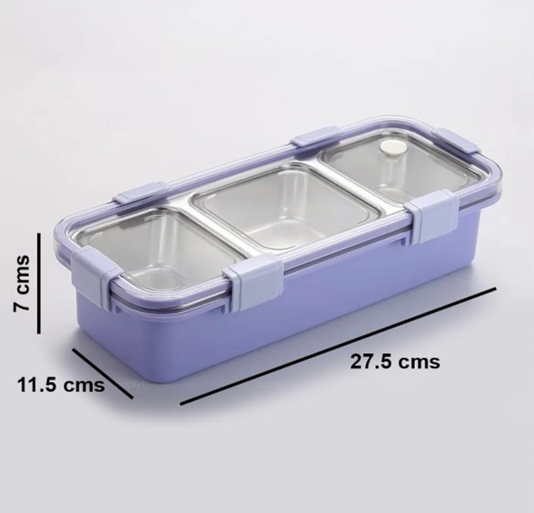 CuddleNest Premium 3-Compartment Stainless Steel Snack Box | Leak-Proof & BPA-Free Solid Food Container