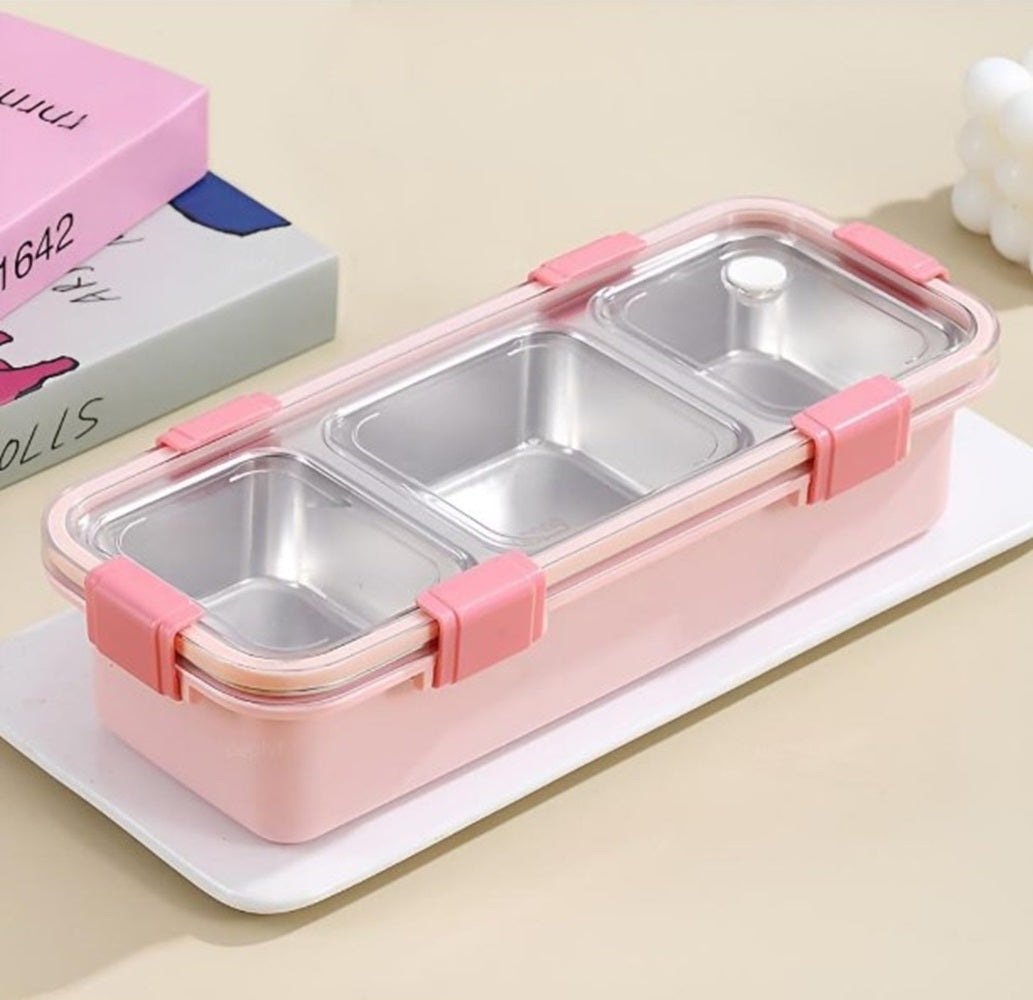 CuddleNest Premium 3-Compartment Stainless Steel Snack Box | Leak-Proof & BPA-Free Solid Food Container