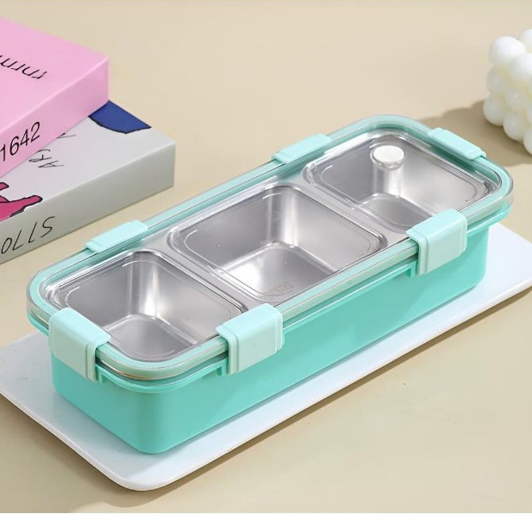 CuddleNest Premium 3-Compartment Stainless Steel Snack Box | Leak-Proof & BPA-Free Solid Food Container