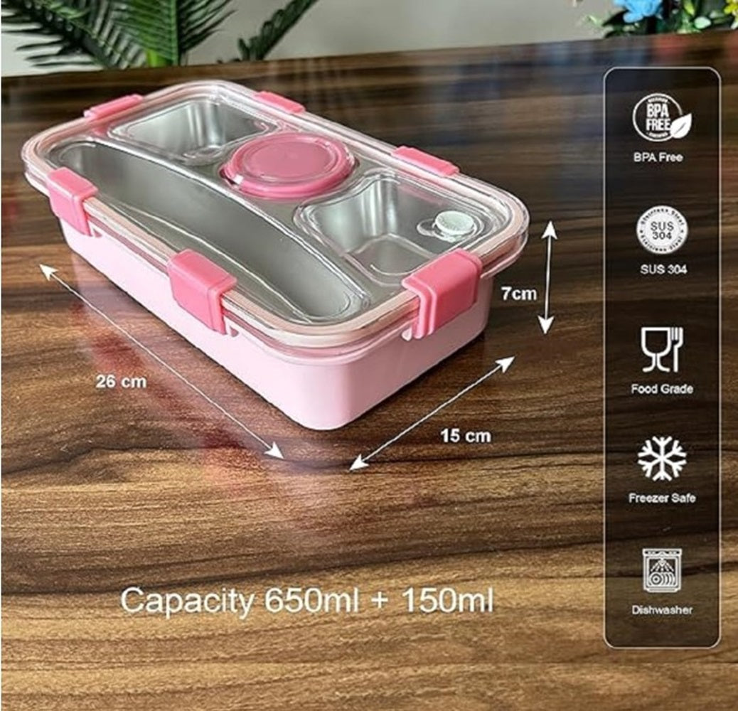 CuddleNest 3 Compartment Stainless Steel Lunch Box with Extra Sauce Bowl