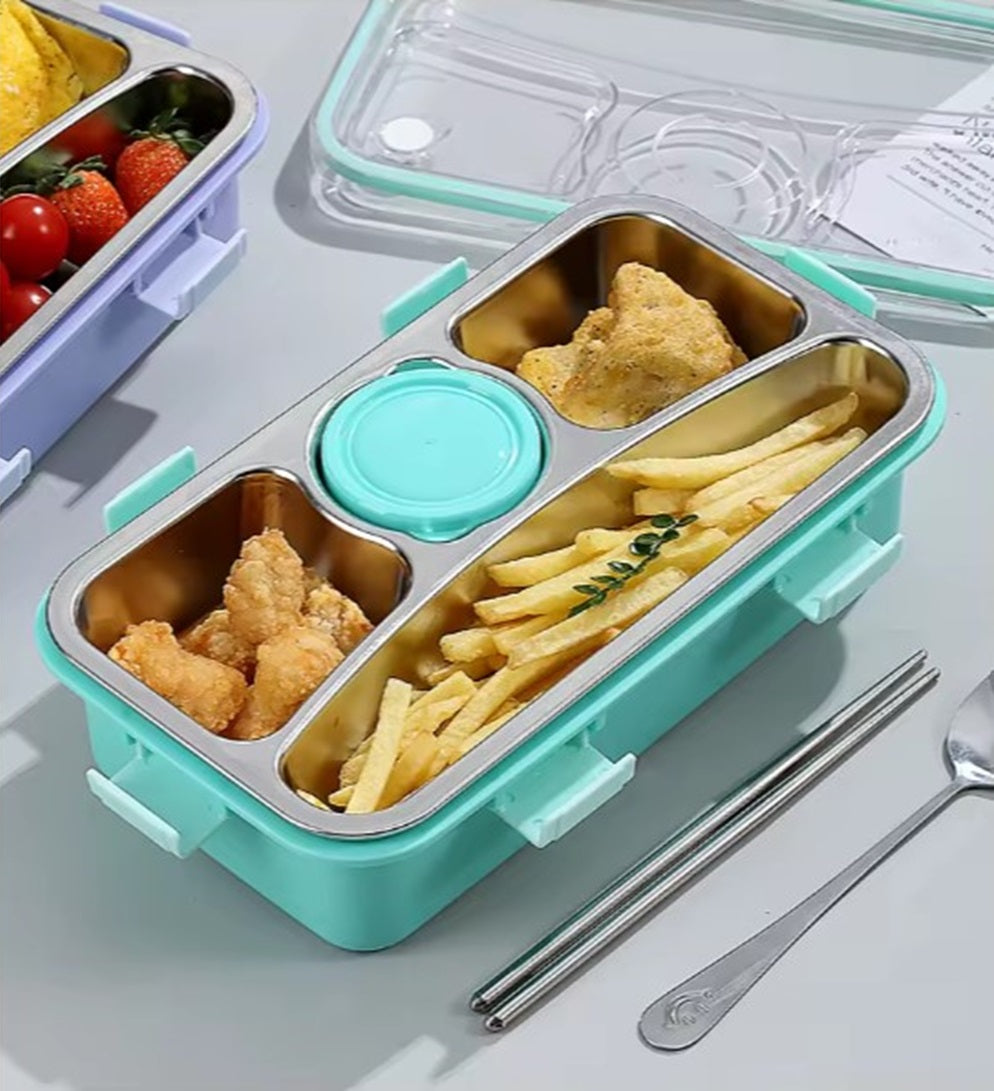 CuddleNest 3 Compartment Stainless Steel Lunch Box with Extra Sauce Bowl