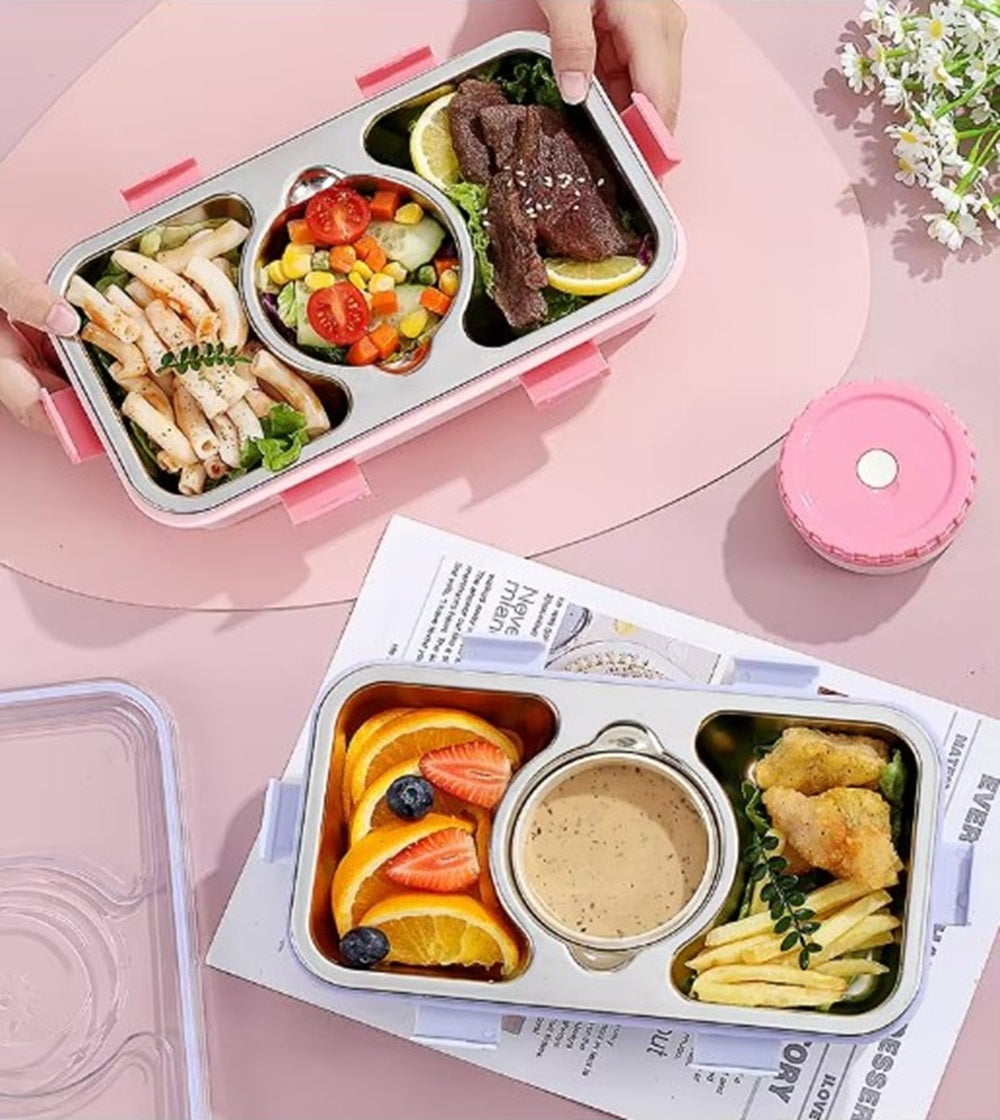 CuddleNest Stainless Steel Lunch Box with 3 Compartments, Spoon & Chopsticks