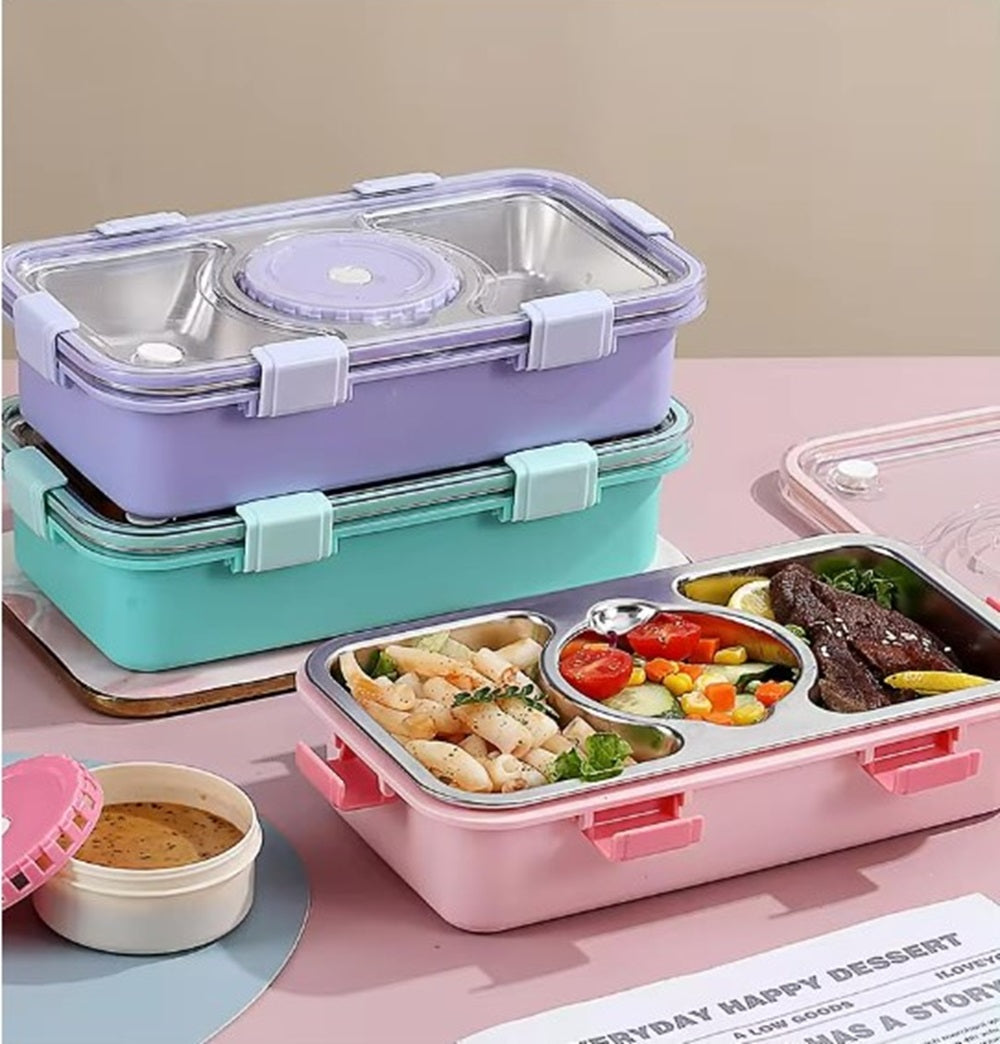 CuddleNest Stainless Steel Lunch Box with 3 Compartments, Spoon & Chopsticks