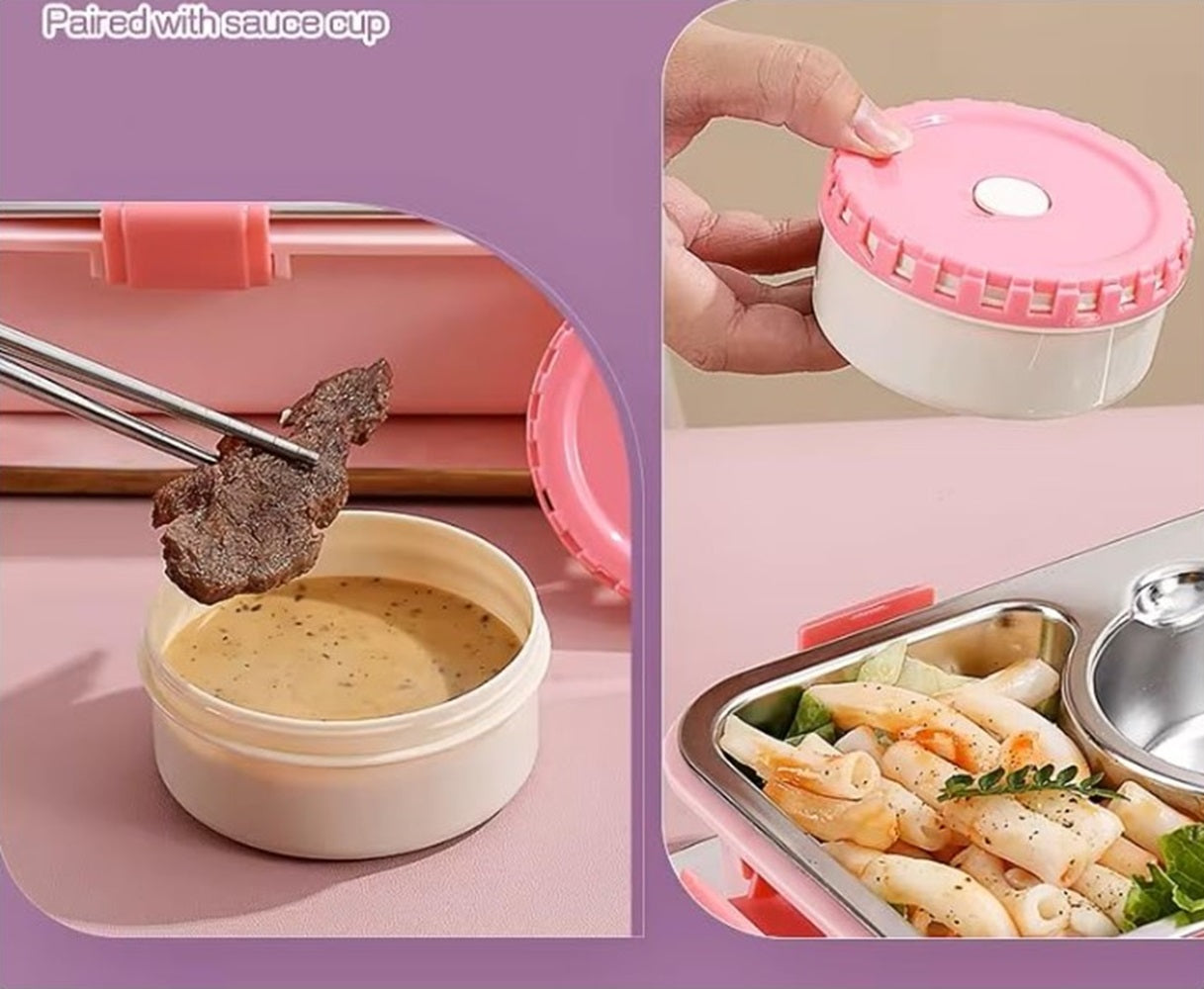 CuddleNest Stainless Steel Lunch Box with 3 Compartments, Spoon & Chopsticks