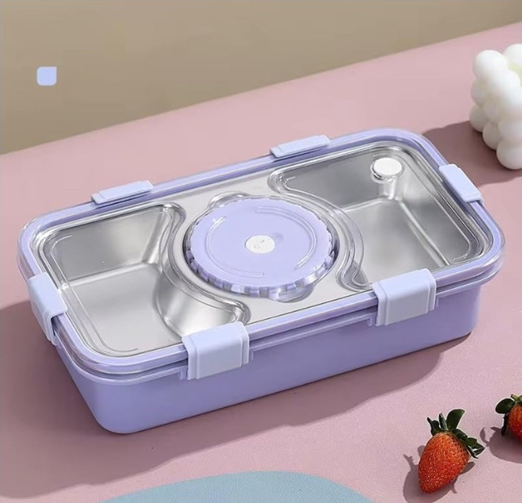 CuddleNest Stainless Steel Lunch Box with 3 Compartments, Spoon & Chopsticks