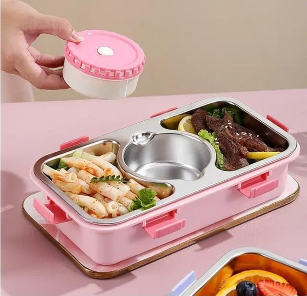 CuddleNest Stainless Steel Lunch Box with 3 Compartments, Spoon & Chopsticks