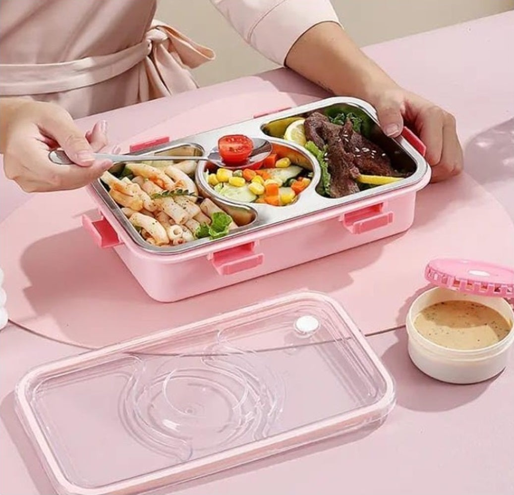 CuddleNest Stainless Steel Lunch Box with 3 Compartments, Spoon & Chopsticks