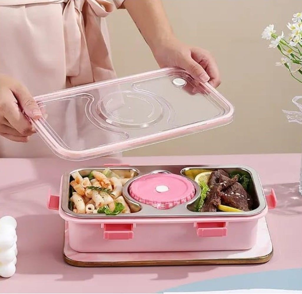 CuddleNest Stainless Steel Lunch Box with 3 Compartments, Spoon & Chopsticks