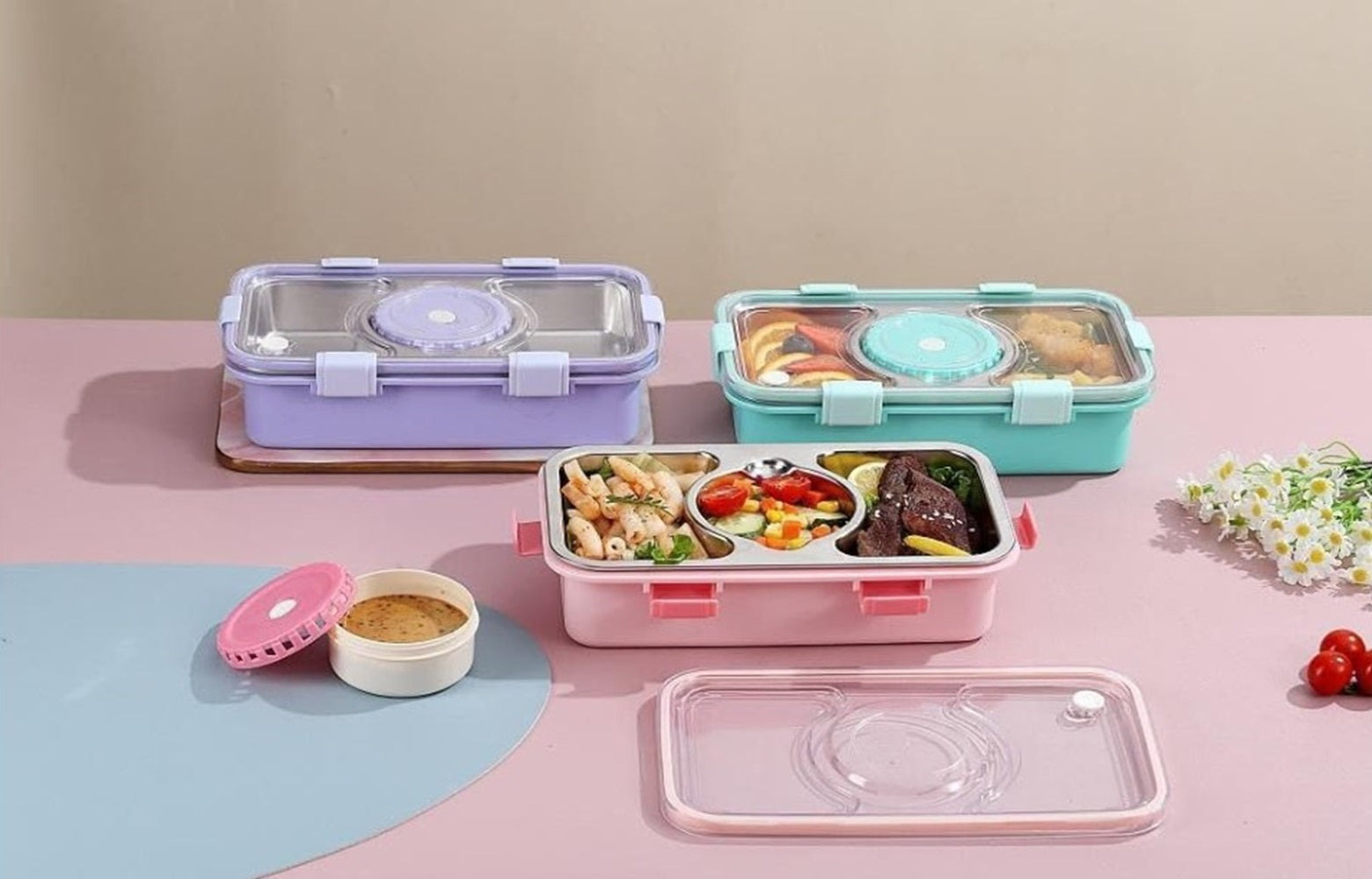CuddleNest Stainless Steel Lunch Box with 3 Compartments, Spoon & Chopsticks