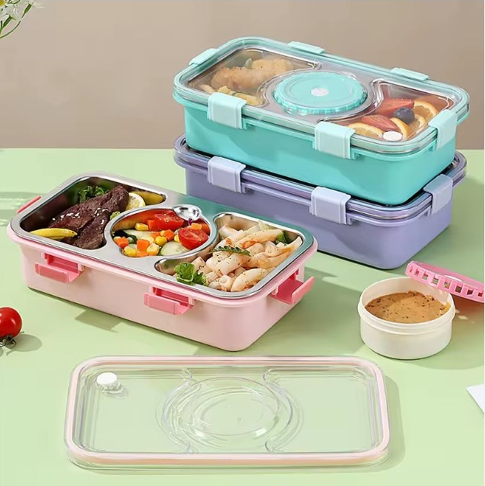 CuddleNest Stainless Steel Lunch Box with 3 Compartments, Spoon & Chopsticks