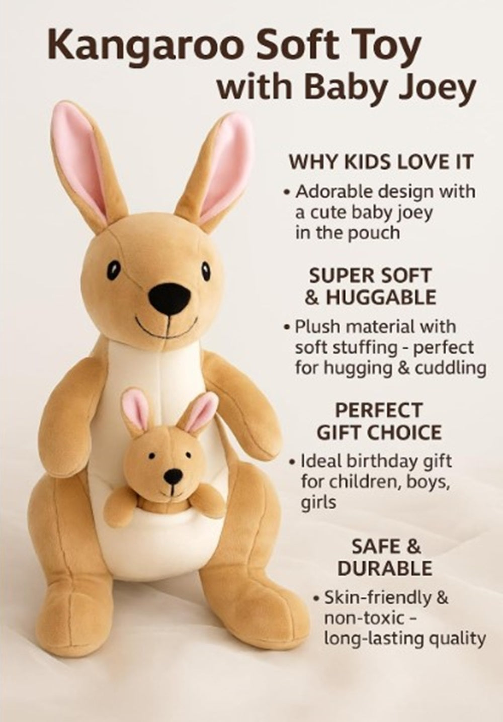 CuddleNest Kangaroo Soft Toy with Baby Joey Pouch – Ultra Soft & Cuddly Plush Animal for Kids