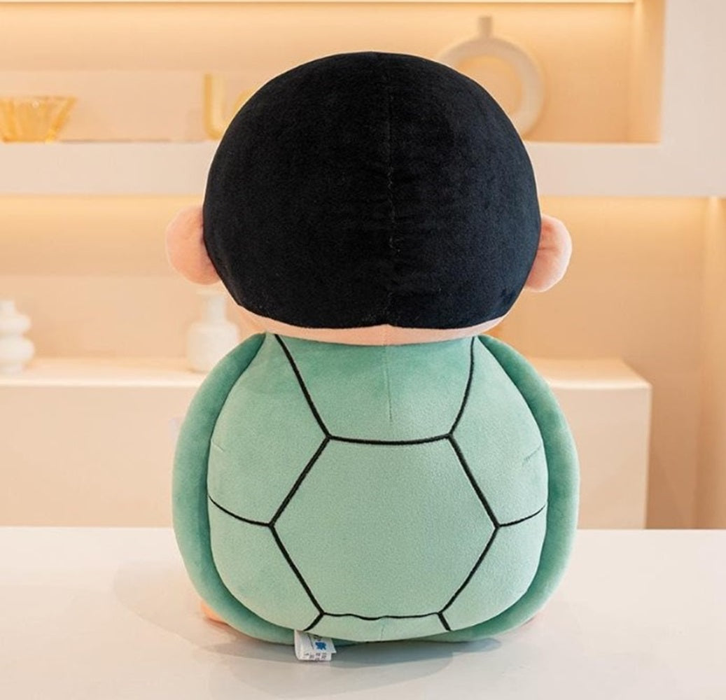 CuddleNest Cute Anime Character Plush Toy | Shin chan Inspired Soft Doll with Green Shell Design